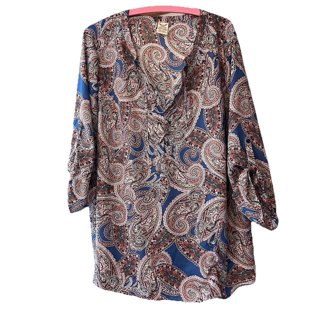 Faded Glory Paisley Roll‎ Tab sleeve Blouse Women's Size 1X 16W Semi Sheer Blue